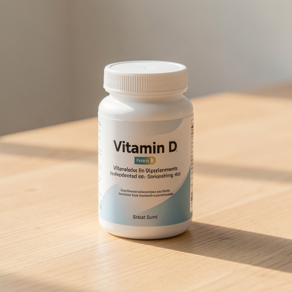 Supplement containers on a clean wooden desk in natural morning light, including magnesium and vitamin D bottles with a notepad and pen