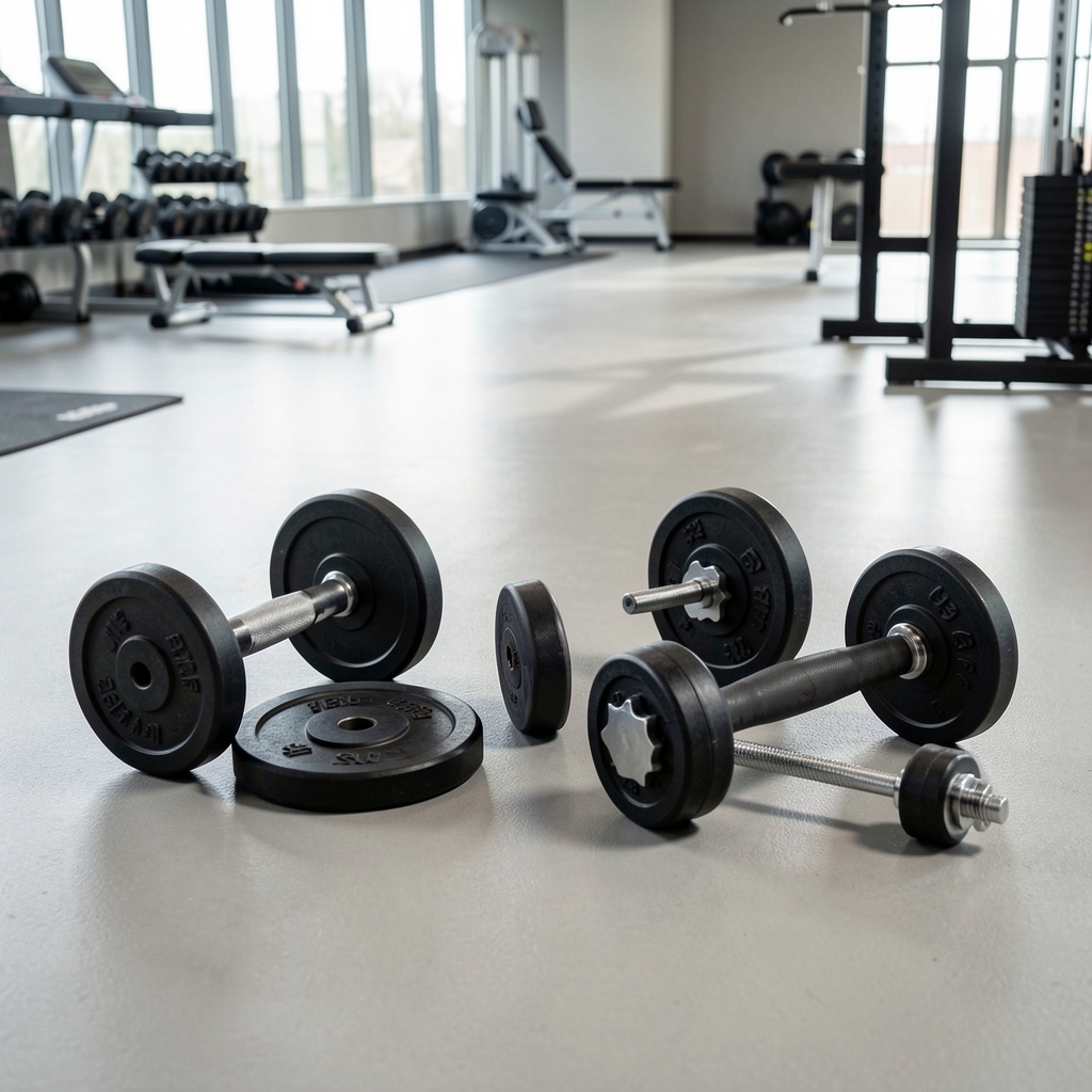 Weights and resistance training equipment arranged on a clean gym floor, editorial composition