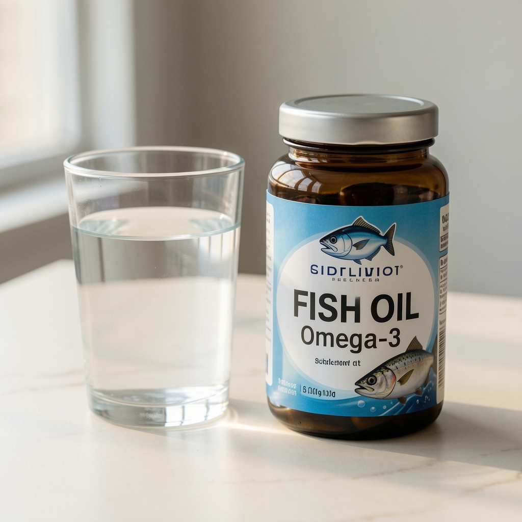 Fish oil omega-3 supplement container beside a glass of water on a pale surface, natural side light